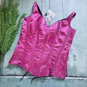 Vintage Pink Brocade Corset Top XS/S Satin Bustier Floral Lace Up Boned Corset
